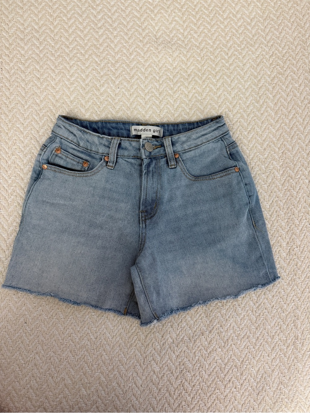 Madden Girl faded light blue denim shorts with raw hem